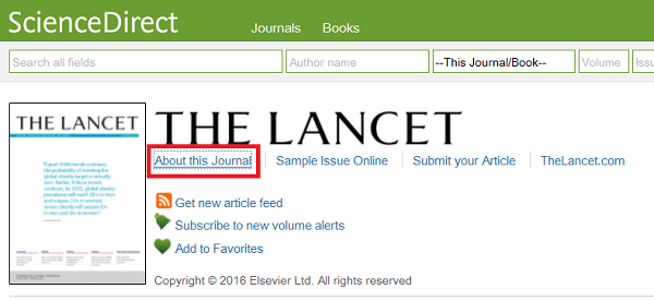 about this journal link highlighted on the Lancet homepage.