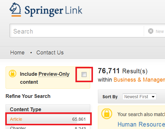 springer link homepage with preview only box unchecked and content type limited to article.