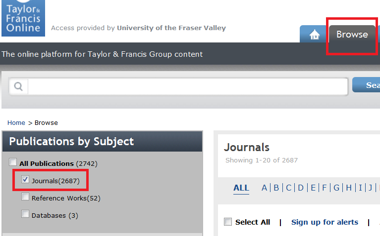taylor and francis homepage with browse link highlighted and limited search to journals.