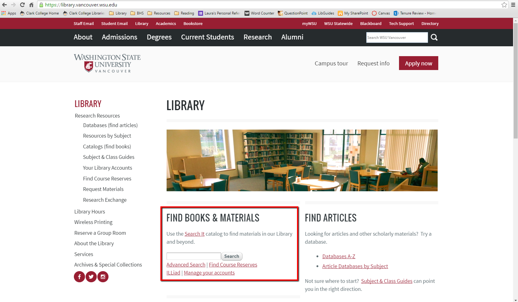 WSU-V Library home page with red box around library catalog search box