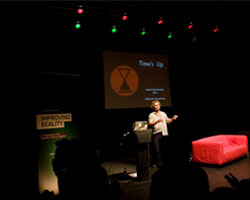Tim Boykett of Time's Up speaking at the Improving Reality Conference. Photograph by Roberta Mataityte