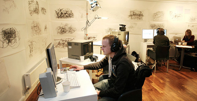 Technologists and artists working side-by-side in residence at Lighthouse, as part of Laboratory Life, 2011