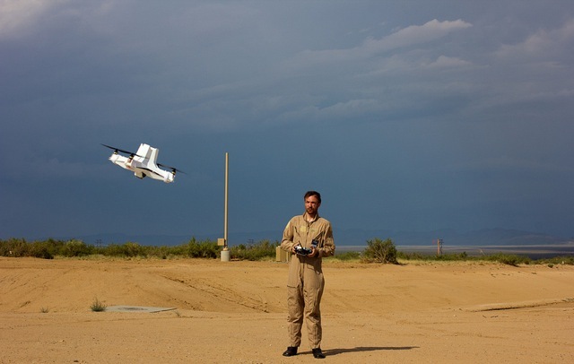 Liam Young flying an X Drones on the runway at Spaceport America, Jornada del Muerto, New Mexico. USA. August 2012. Photo by Pete Woodhead