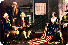 Betsy Ross shows her design of the United States flag to George Washington, George Ross and Robert Morris.