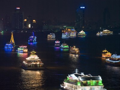 Fine Art Print of China, Shanghai, Boats in water at night by Assaf Frank