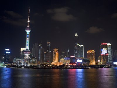Fine Art Print of Shanghai, skyscrapers at night by Assaf Frank