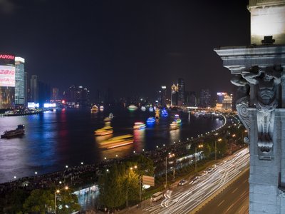 Fine Art Print of China, Shanghai, Boats in water at night (blurred motion) by Assaf Frank