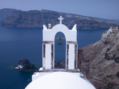 Fine Art Print of Greece, Cyclades. Santorini Island, Church with mountain in background by Assaf Frank