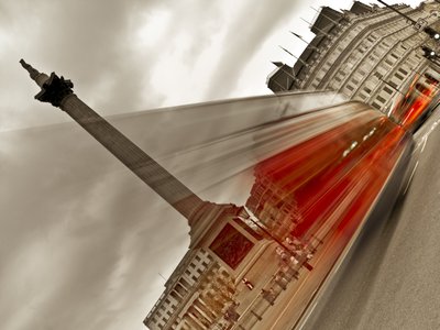 Fine Art Print of London, Double-Decker Bus on street (blurred) by Assaf Frank