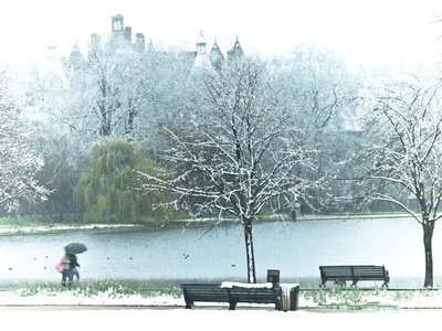 Fine Art Print of England, Man and woman walking by lake in Hyde park at winter by Assaf Frank
