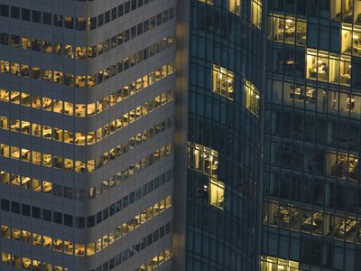 Fine Art Print of Office building windows at dusk, Frankfurt, Germany by Assaf Frank
