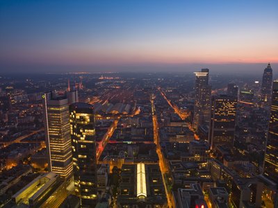 Fine Art Print of City skyline at dusk, Frankfurt, Germany by Assaf Frank