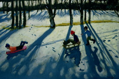 Boys Sledging, Allestree Park, Derby (oil on canvas) by Andrew Macara - print