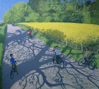 Cyclists and Yellow Field, Kedleston, Derby (oil on canvas) by Andrew Macara - print