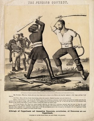 Fine Art Print of The pending contest, published by Oliver Evans Woods : Herline &amp; Hensel Lith., Philadelphia, 1863 by American School