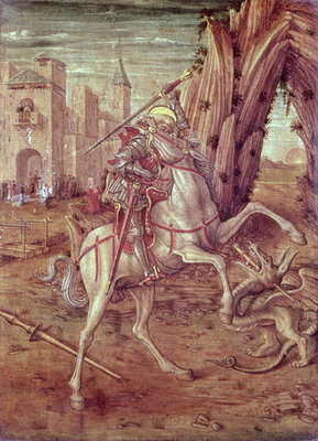 St. George and the Dragon, scene from the predella panel of the 'Madonna della Rondine' altarpiece, c.1490 (panel) by Carlo Crivelli - print