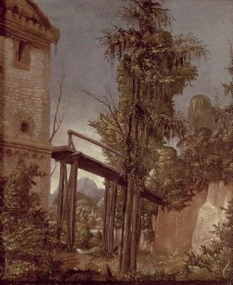 Landscape with a Footbridge, c.1518-20 (oil on panel) by Albrecht Altdorfer - print