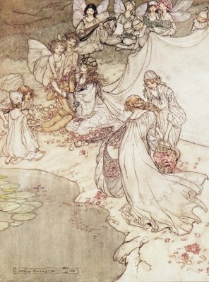 Fine Art Print of Illustration for a Fairy Tale, Fairy Queen Covering a Child with Blossom by Arthur Rackham