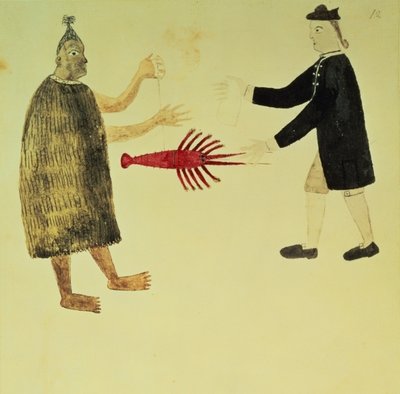 A Maori bartering a crayfish with an English naval officer, from a series of drawings illustrative of Cook's First Voyage, 1768-70, 1769 (pencil &amp; w/c on paper) by English School - print