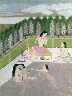 Girls Bathing, Pahari Style, Kangra School, Himachel Pradesh, 18th century (gouache on paper) by Indian School - print