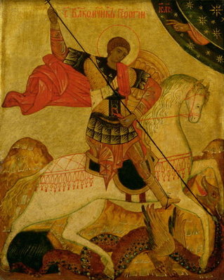 St. George slaying the Dragon (tempera on panel) by Russian School - print