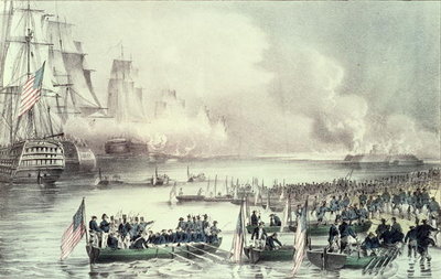 Landing of the American Force at Vera Cruz, under General Scott, March 1847 (colour litho) by N. Currier - print