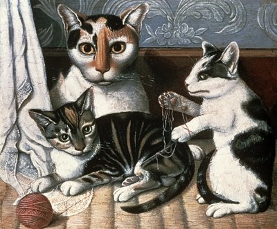 Cat and Kittens, c.1872-1883 (oil on millboard) by American School - print