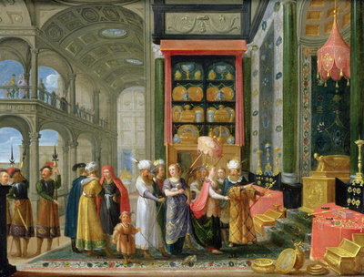 King Solomon and the Queen of Sheba (oil on copper) by Adriaen van Stalbemt - print