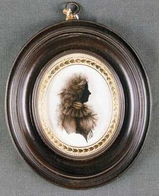 Silhouette of a lady, painted on convex glass, by Mrs Isabella Beetham, late 18th century (oil on glass) by English School - print