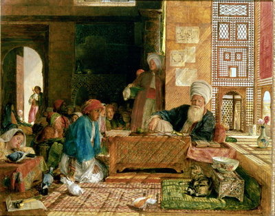 Interior of a School, Cairo (w/c on paper) (see also 22700 &amp; 43799) by John Frederick Lewis - print