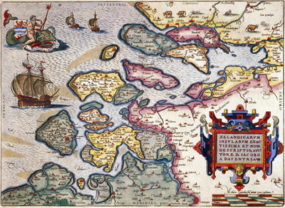 Map of Zeeland, c.1560 (hand coloured engraving) by Abraham Ortelius - print