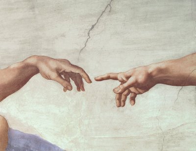 Hands of God and Adam, detail from The Creation of Adam, from the Sistine Ceiling, 1511 (fresco) (pre restoration) by Michelangelo Buonarroti - print