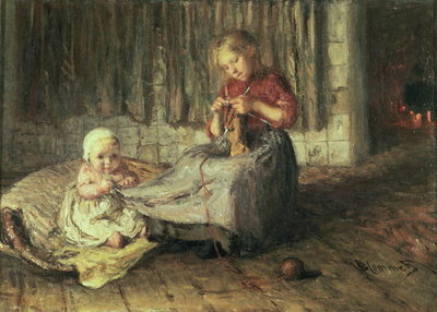 Baby sitting by Bernardus Johannes Blommers or Bloomers - print