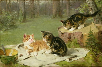 Kittens Playing (oil on canvas) by Ewald Honnef - print