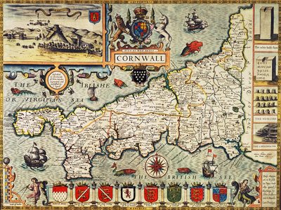 Map of Cornwall from the 'Theatre of the Empire of Great Britain', pub. in London by George Humble, 1627 edition (hand coloured engraving) by John Speed - print
