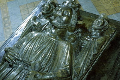 King John's Tomb with two miniature figures of St. Wulstan and St. Oswald, 1232 by English School - print