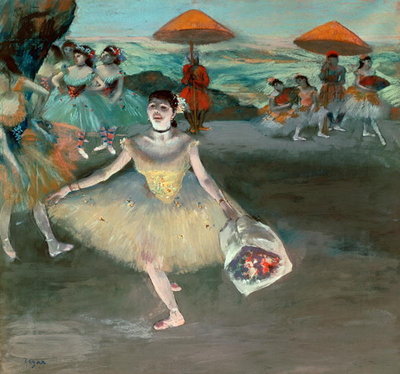 Dancer with bouquet, curtseying, 1877 (pastel on paper) by Edgar Degas - print