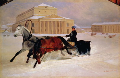 Fine Art Print of Pole Pair with a Trace Horse at the Bolshoi Theatre in Moscow, 1852 by Nikolai Egorevich Sverchkov