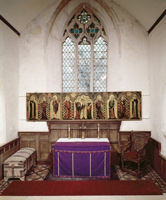 Retable depicting the Crucifixion with Eight Saints, c.1300 (tempera and gold leaf on panel) (also see 394990) by English School - print