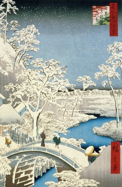 Drum bridge and Setting Sun Hill at Meguro, from the series '100 Views of Edo', pub. by Uoya Eikichi, 1857, (oban size, colour woodblock print) by Ando or Utagawa Hiroshige - print