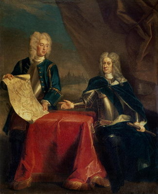 Duke of Marlborough discussing plans for the Siege of Bouchain with his Chief Engineer, Colonel Armstrong by Enoch Seeman - print