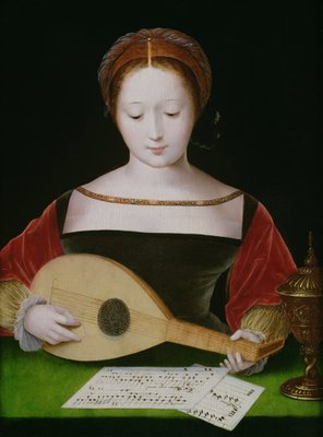 Mary Magdalene Playing a Lute (oil on panel) by Master of the Female Half Lengths - print