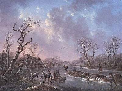 Skaters on a frozen river (oil on panel) by Andries Vermeulen - print