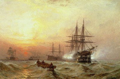 Man-o'-War firing a salute at sunset by Claude T. Stanfield Moore - print