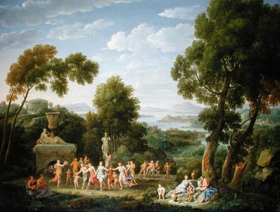 A Wooded Italianate Landscape with Nymphs Dancing, 1728 (oil on canvas) by Hendrik van Lint - print