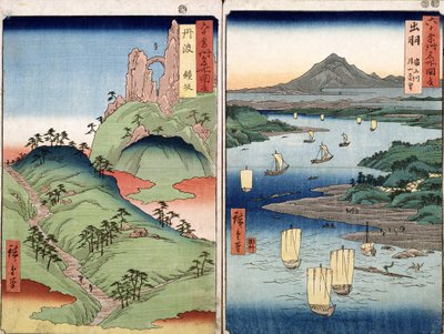 A landscape and seascape, two views from the series '60-Odd Famous Views of the Provinces', pub. by Kosheihei, 1853, (colour woodblock print) by Ando or Utagawa Hiroshige - print