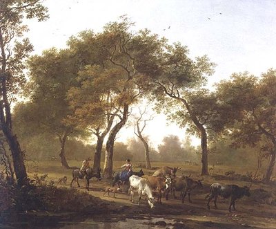 Two peasants with a herd of cattle on a wooded path leading to a lake, 17th century by Jan Both - print