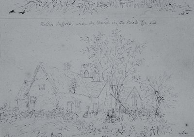 Cottage at Holton with the church in the background (pen and ink on paper) by John Constable - print