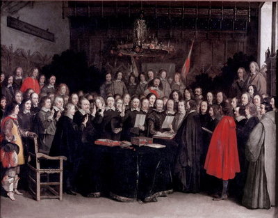 The Swearing of the Oath of Ratification of the Treaty of Munster, 1648 (oil on copper) by Gerard ter Borch or Terborch - print