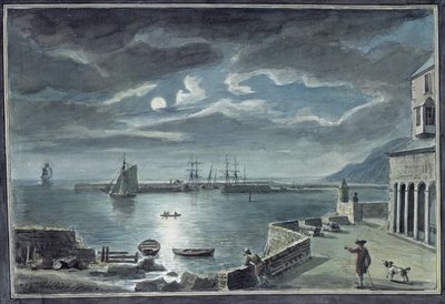 The Harbour and the Cobb, Lyme Regis, Dorset, by Moonlight (w/c on paper) by Copplestone Warre Bamfylde - print